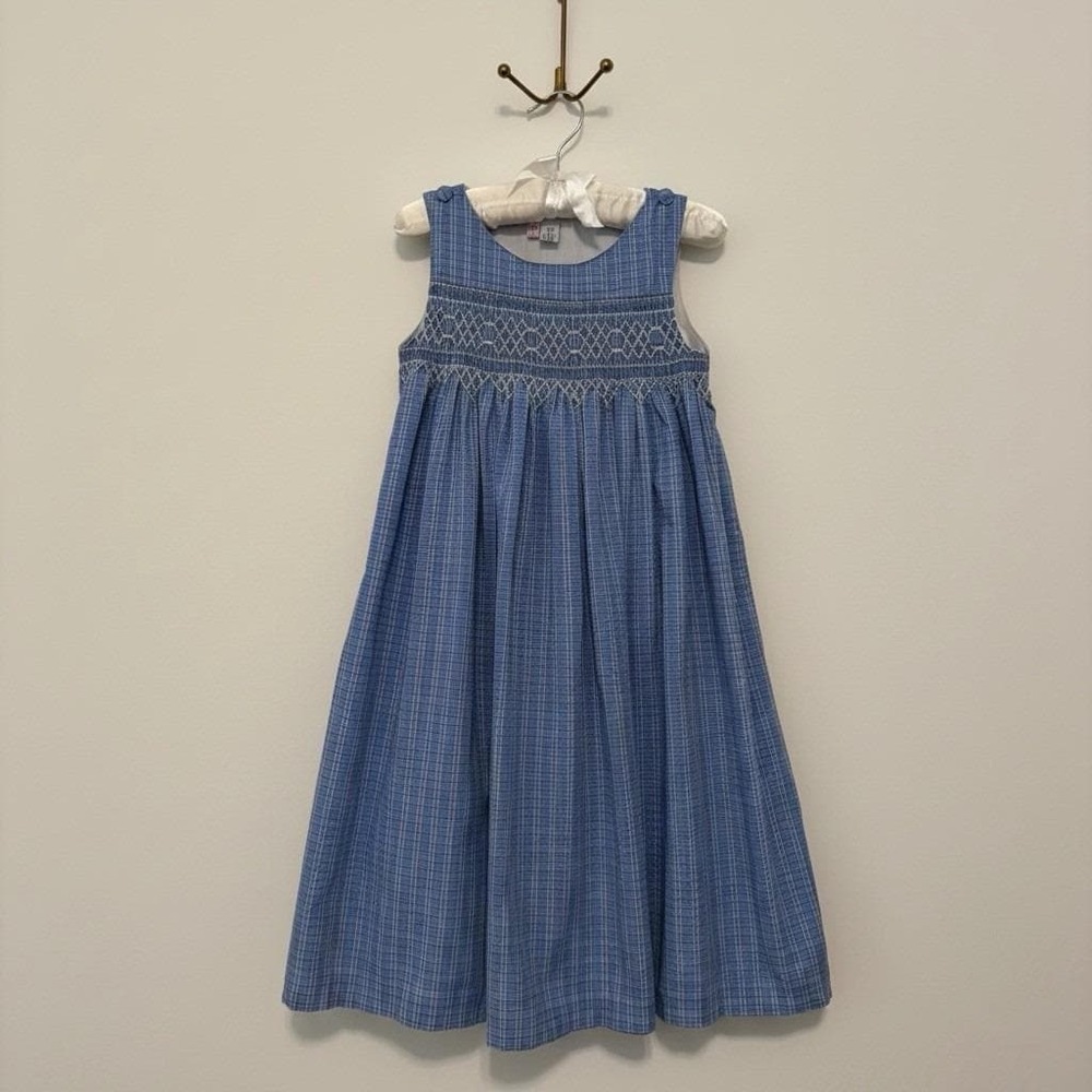 Orient Expressed Vintage Smocked Blue Plaid Sleeveless Dress Girls Size 5